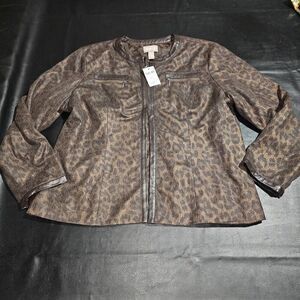 NWT‎ Chico's Womens Brown Animal Leopard Print Faux Leather Trim Jacket 3 XL 16